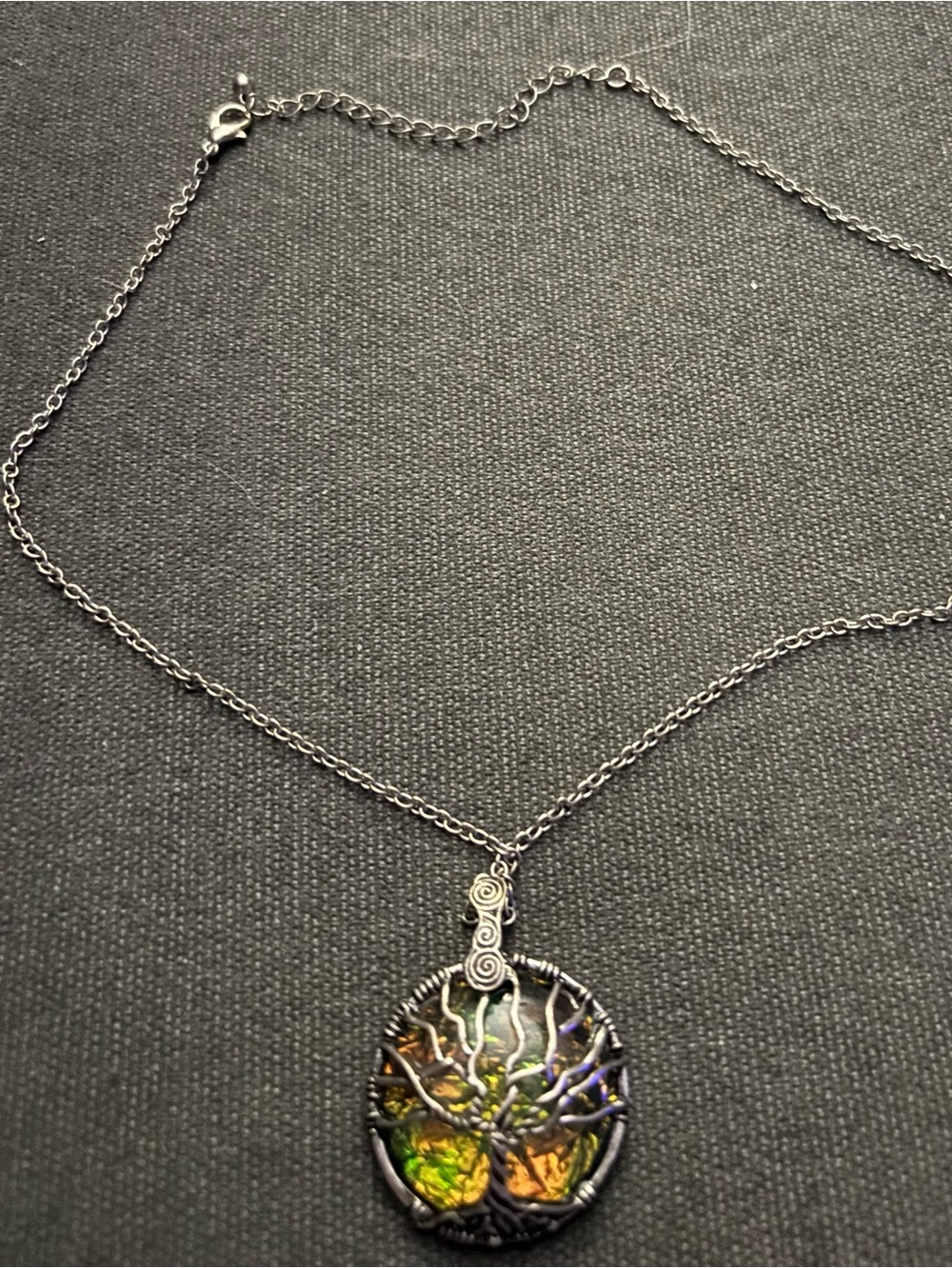 Silver Tree of Life Pendant Necklace with Iridescent Glass